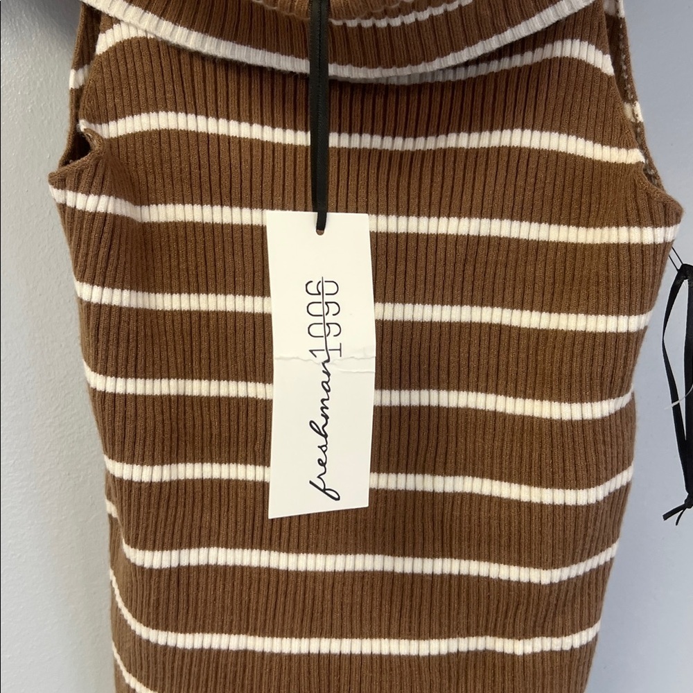 Freshman Chocolate & Cream Striped Cable Knt Top Sleeveless on/off Shoulder Sz L - Picture 3 of 4
